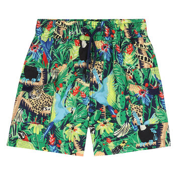 Younger Boys Green Tropical Swim Shorts