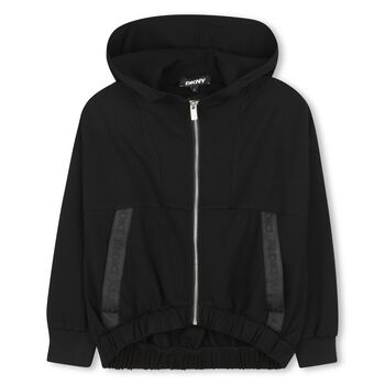 Girls Black Logo Hooded Zip-Up Top
