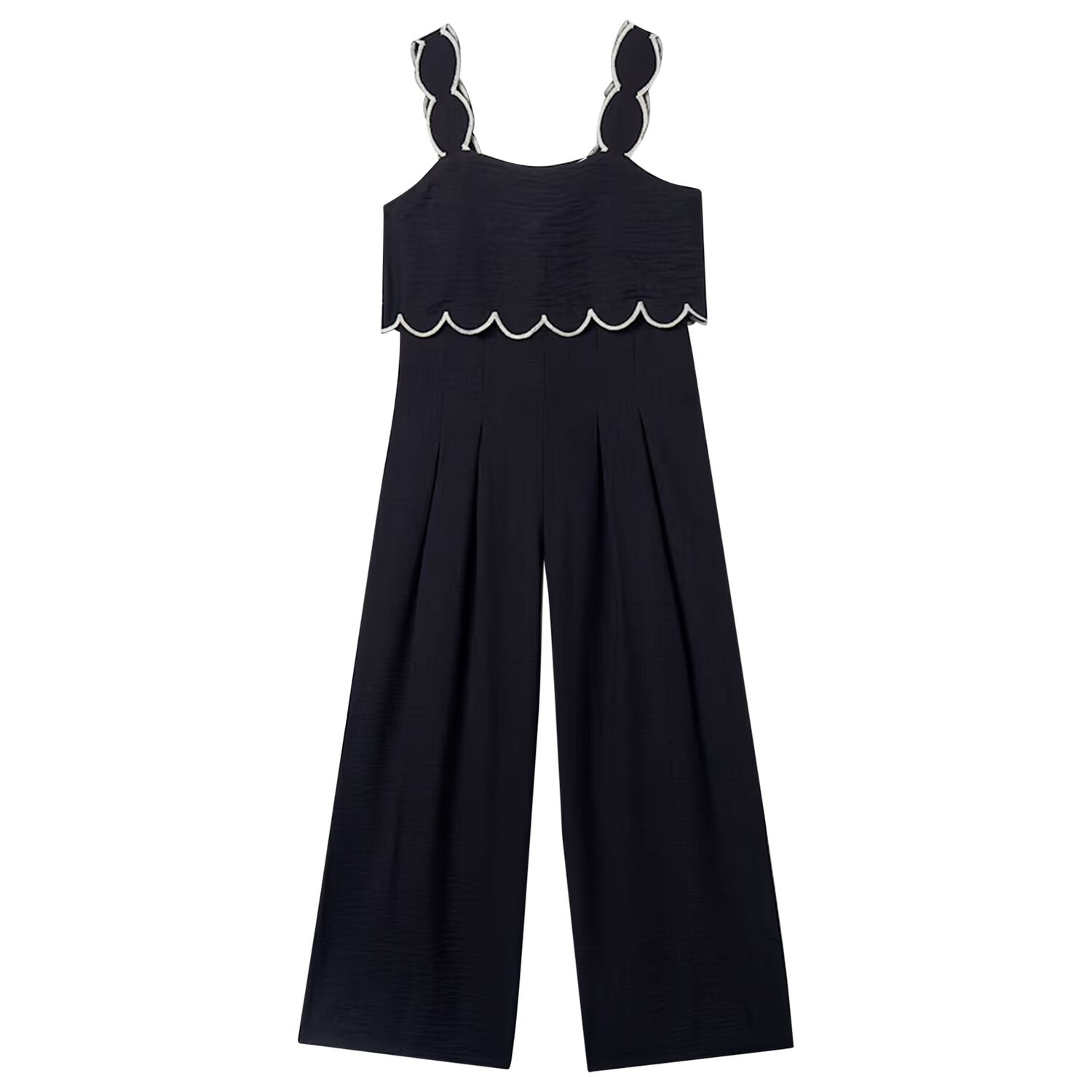 Girls Black Scalloped Wide Leg Trousers Set, 1, hi-res