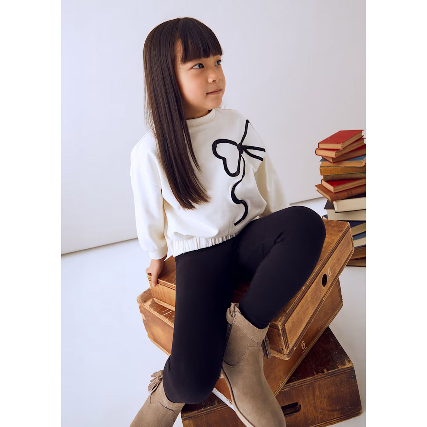 Girls Ivory & Black Bow Leggings Set, 1, hi-res image number null