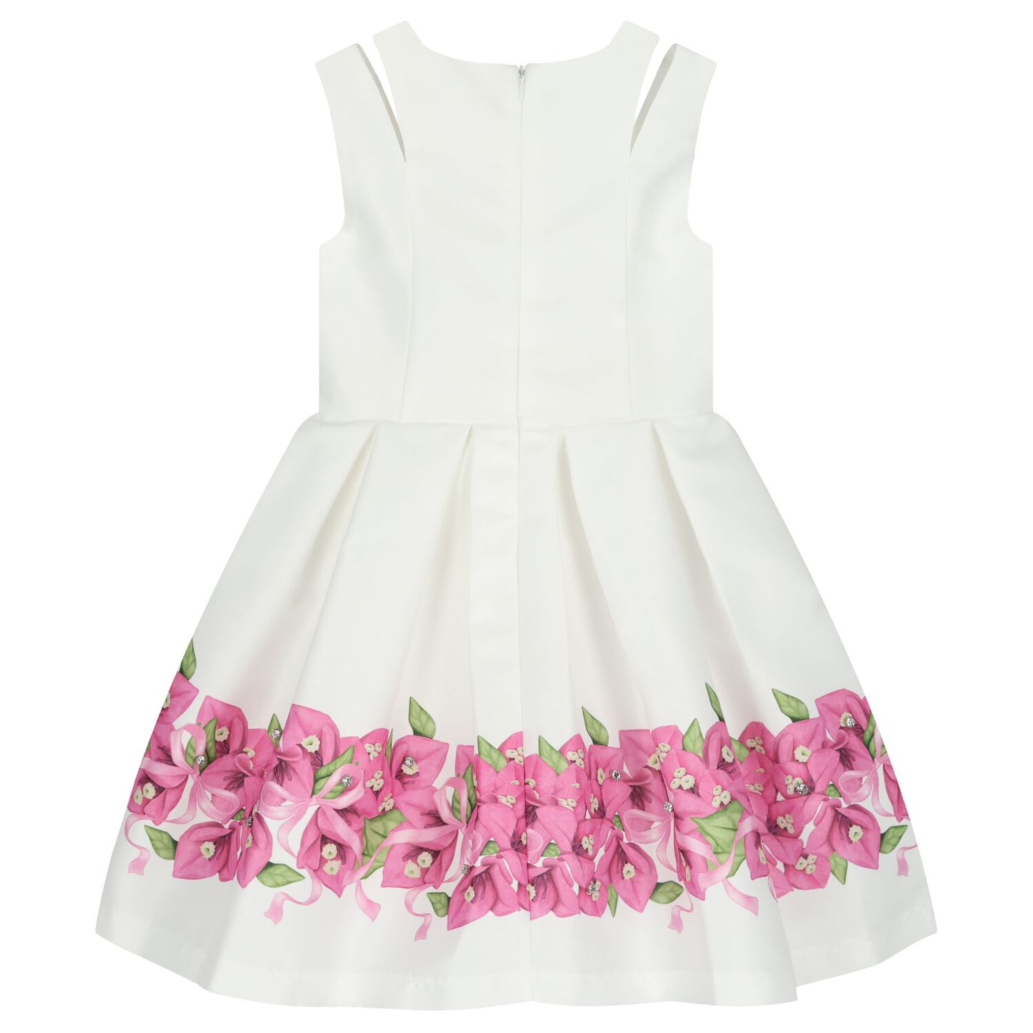 Girls White Floral Pleated Dress , 1, hi-res