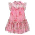 Girls Pink Floral Tulle Dress, 2, hi-res
