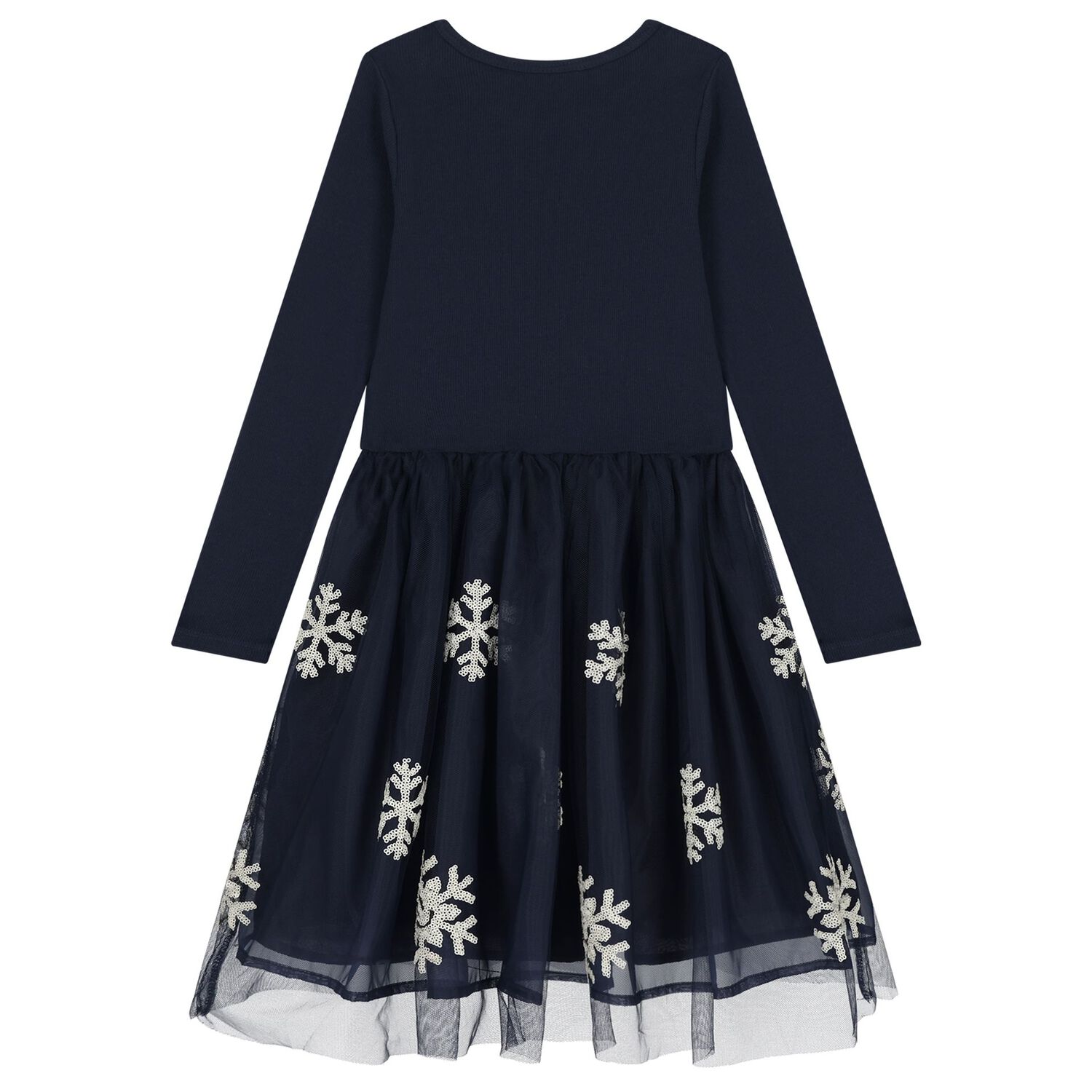 Girls Navy Blue Snowflakes Dress, 1, hi-res