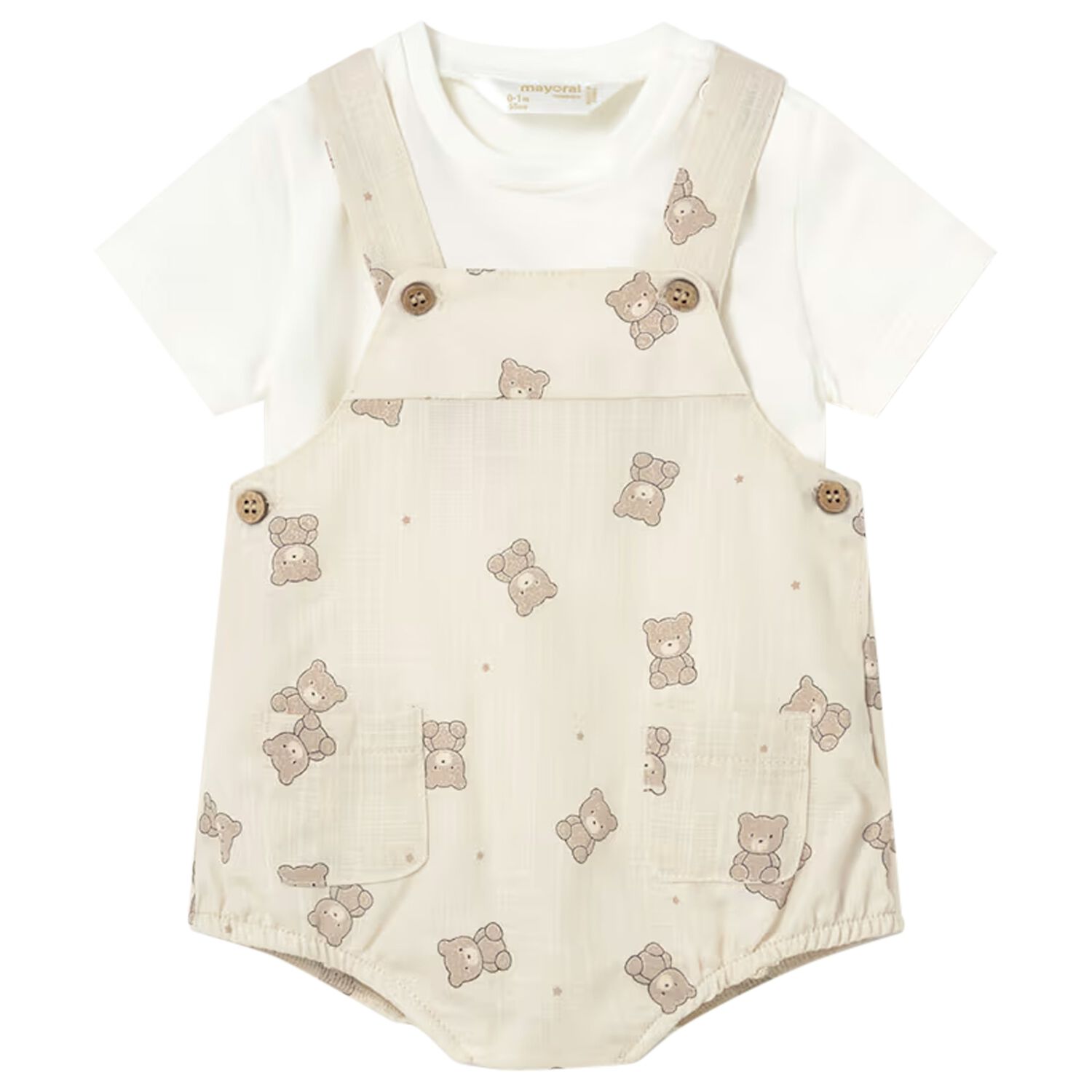 Baby Boys White & Beige Dungaree Set, 1, hi-res