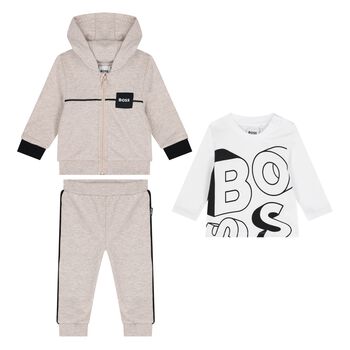 Baby Boys Beige & White Logo Tracksuit Set