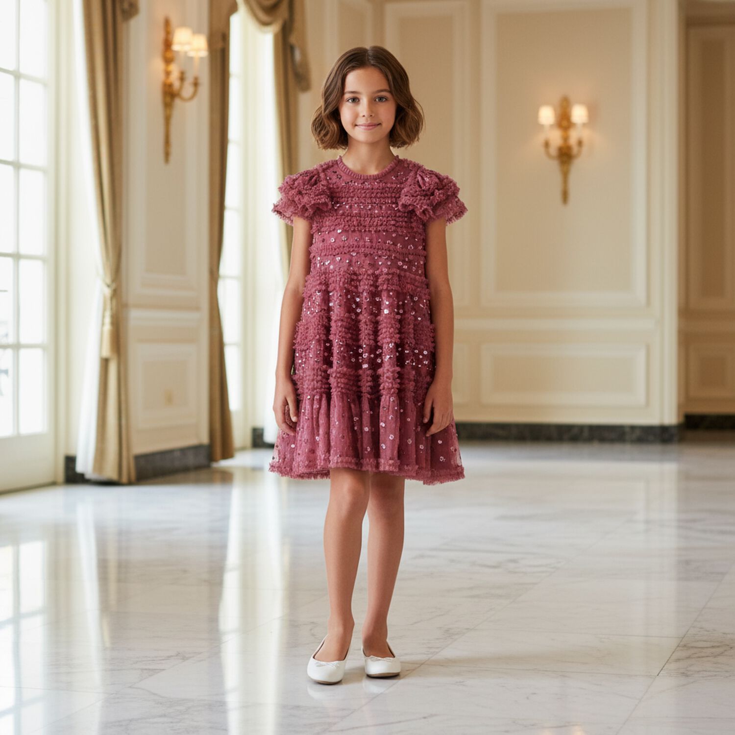 فستان بنات تول مزين بالترتر باللون الوردي, 1, hi-res image number null