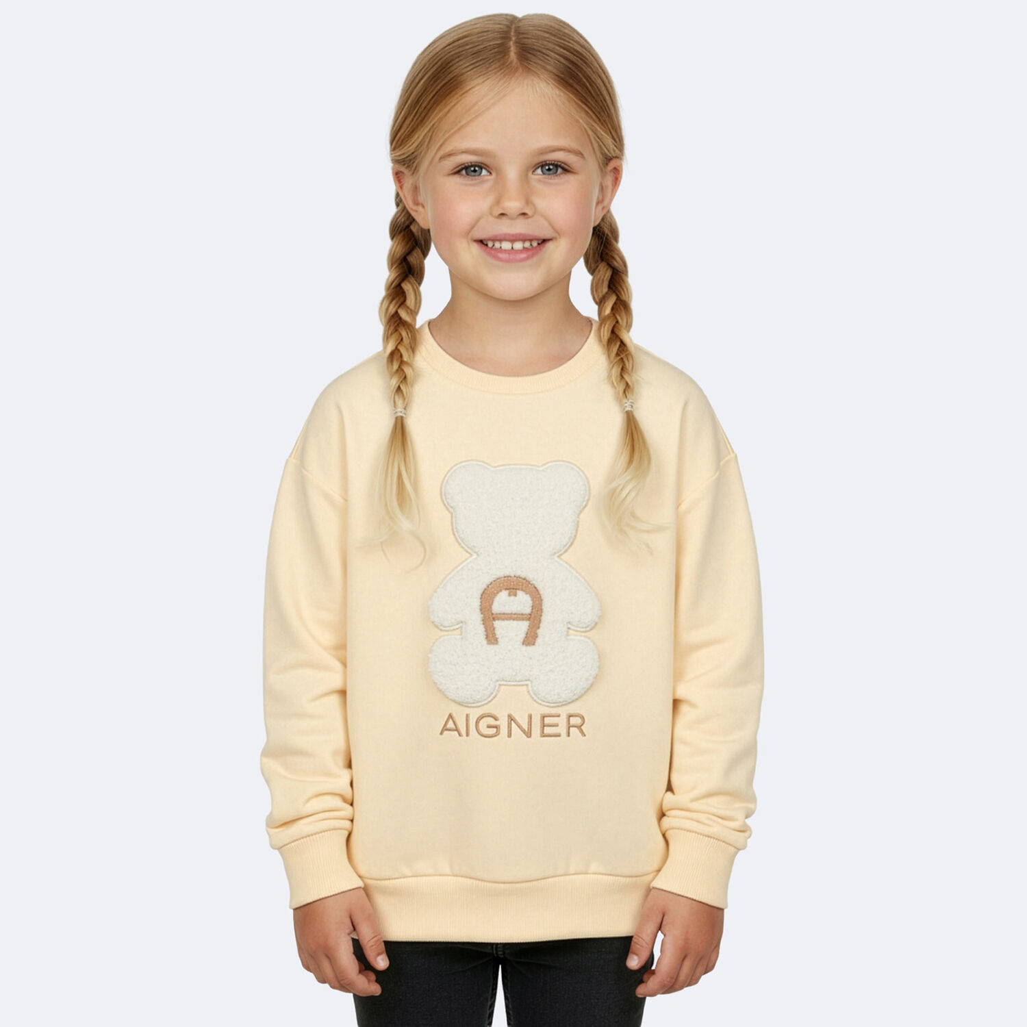 Girls Beige Faux Fur Teddy Bear Sweatshirt, 2, hi-res