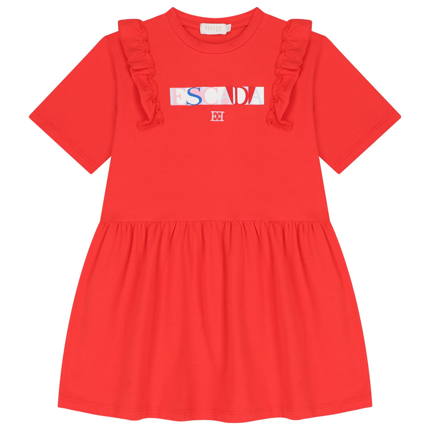 Girls Red Logo Ruffled Dress, 2, hi-res