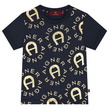 Younger Boys Navy Blue & Gold Logo T-Shirt