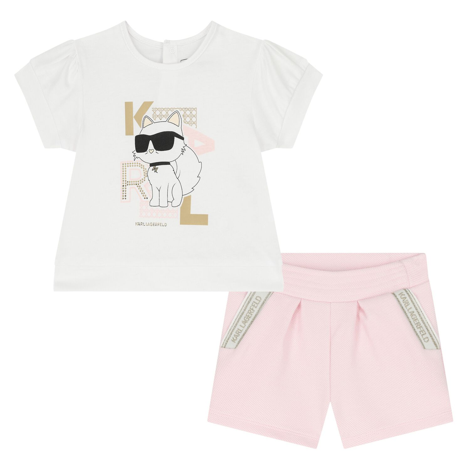 Girls White & Pink Choupette Logo Shorts Set, 1, hi-res image number null
