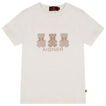 Girls Ivory & Beige Teddy Bear Logo T-Shirt