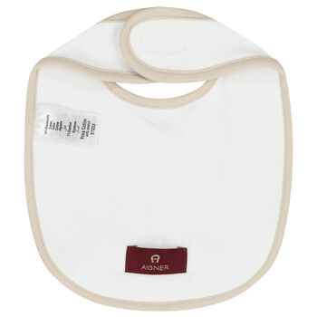 White & Beige Logo Baby Bib
