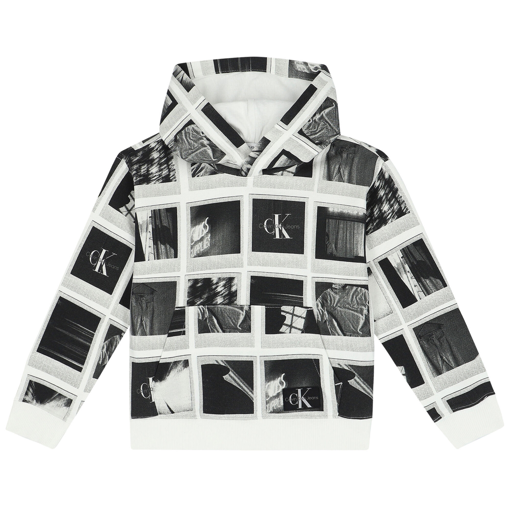 Calvin Klein Boys White Black Grey Logo Hooded Top Junior Couture