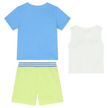 Younger Boys White, Green & Blue Shorts Set