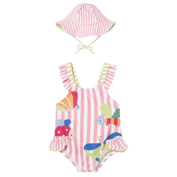 Baby Girls White & Pink Striped Swimsuit Set