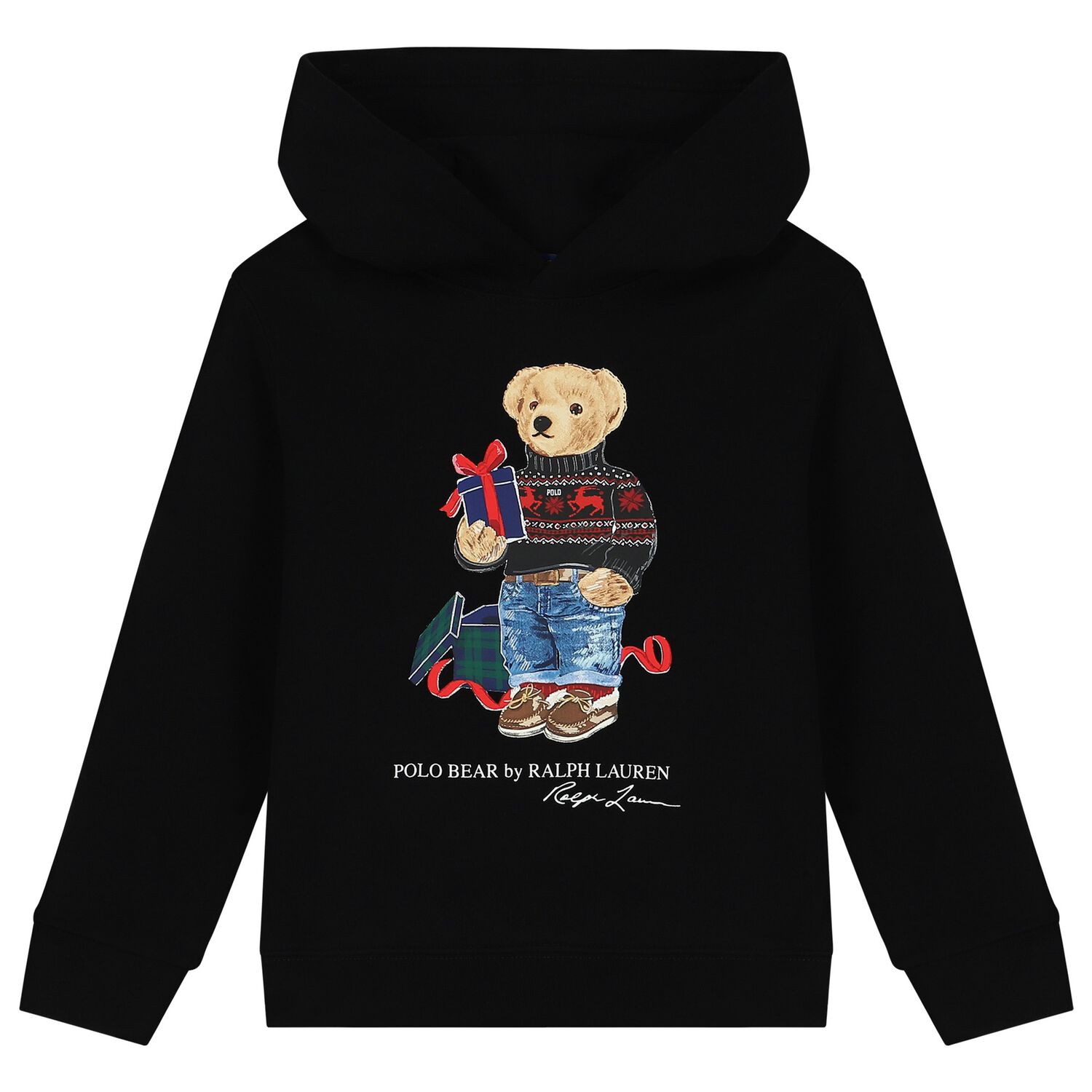 Boys Black Polo Bear Hooded Top, 1, hi-res