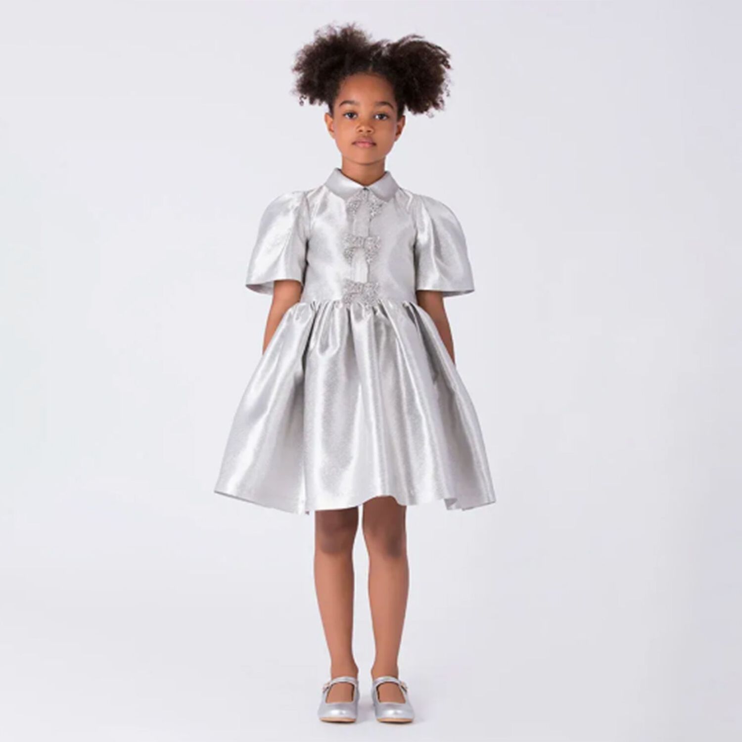 Girls Metallic Silver Glittery Bows Dress, 1, hi-res