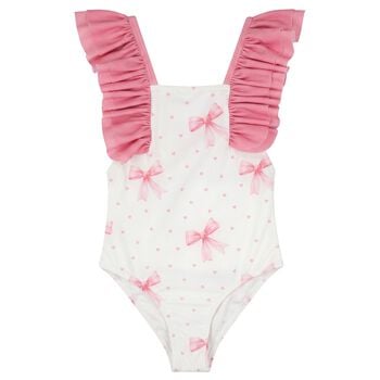 Girls White & Pink Bow Swimsuit