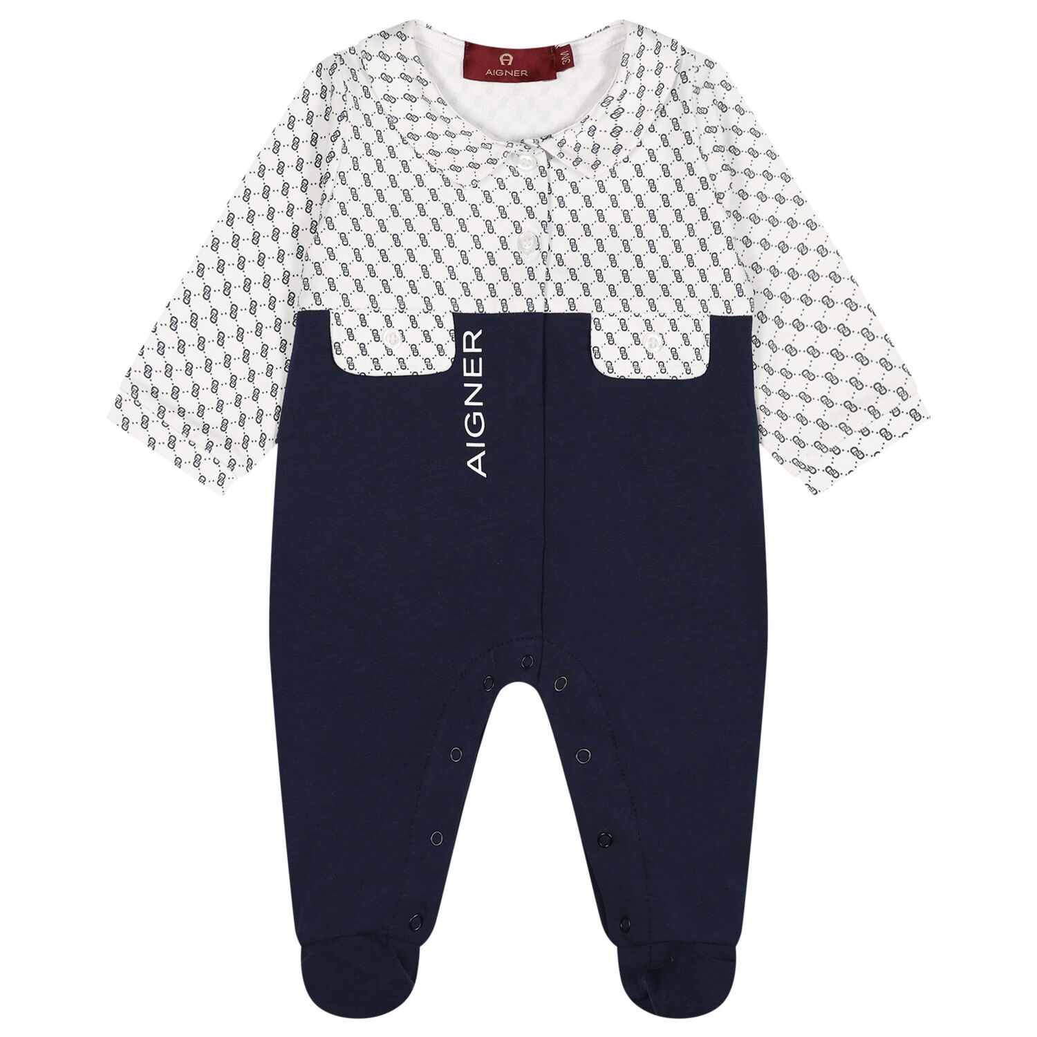 Baby Boys White & Navy Blue Logo Babygrow, 2, hi-res