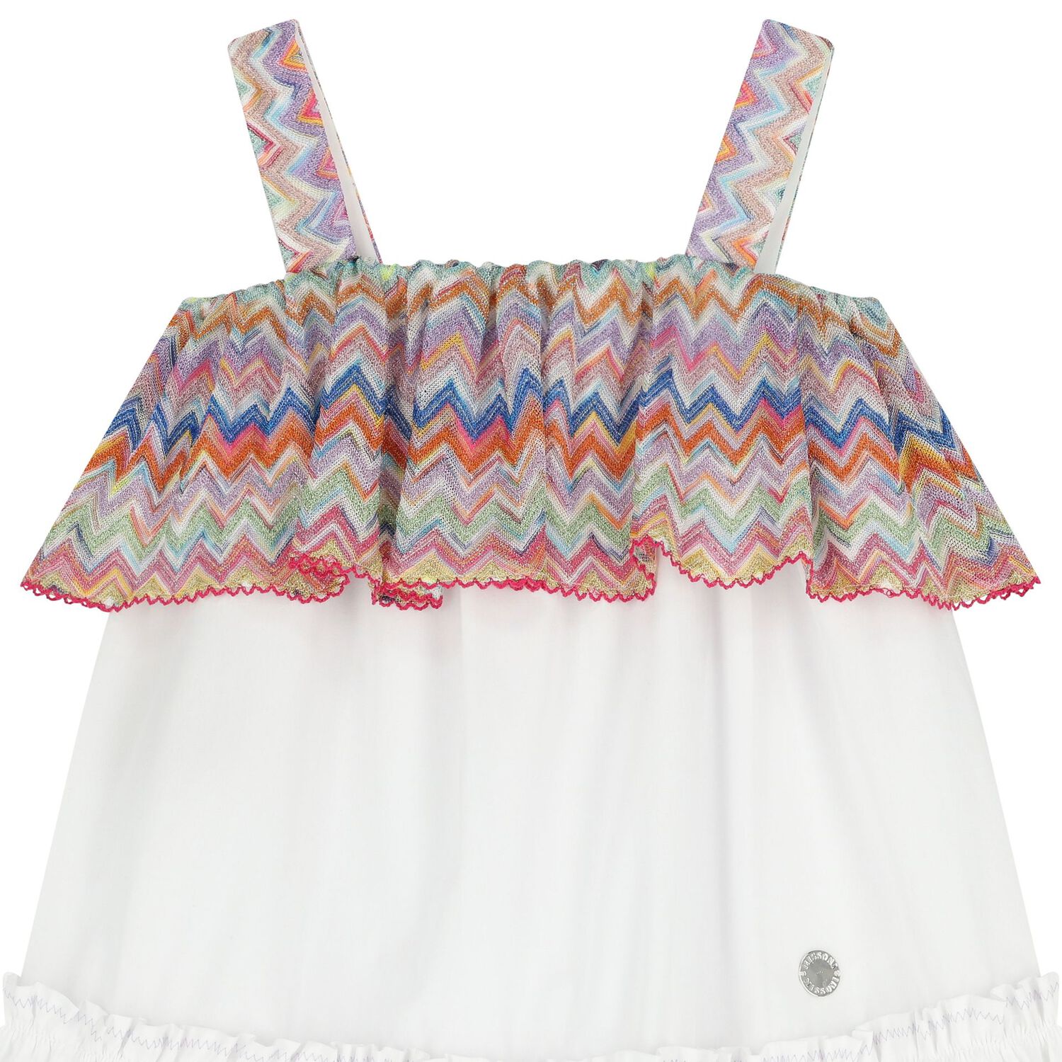 Girls White Zigzag Ruffle Dress, 1, hi-res
