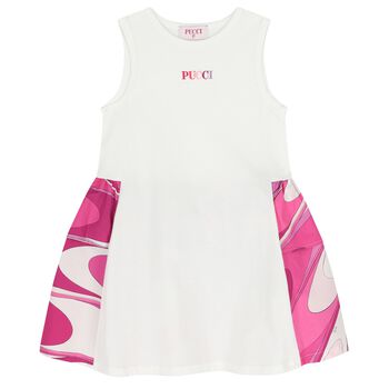Girls White & Pink Logo Flared Dress 