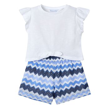 Girls White & Blue Zigzag Shorts Set