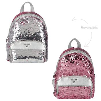 حقيبة ظهر بنات بالشعار مزينة بالترتر باللون الفضى والوردى