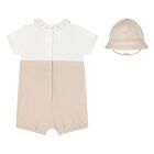 Baby Boys Beige & White Dungaree & Hat Set, 3, hi-res