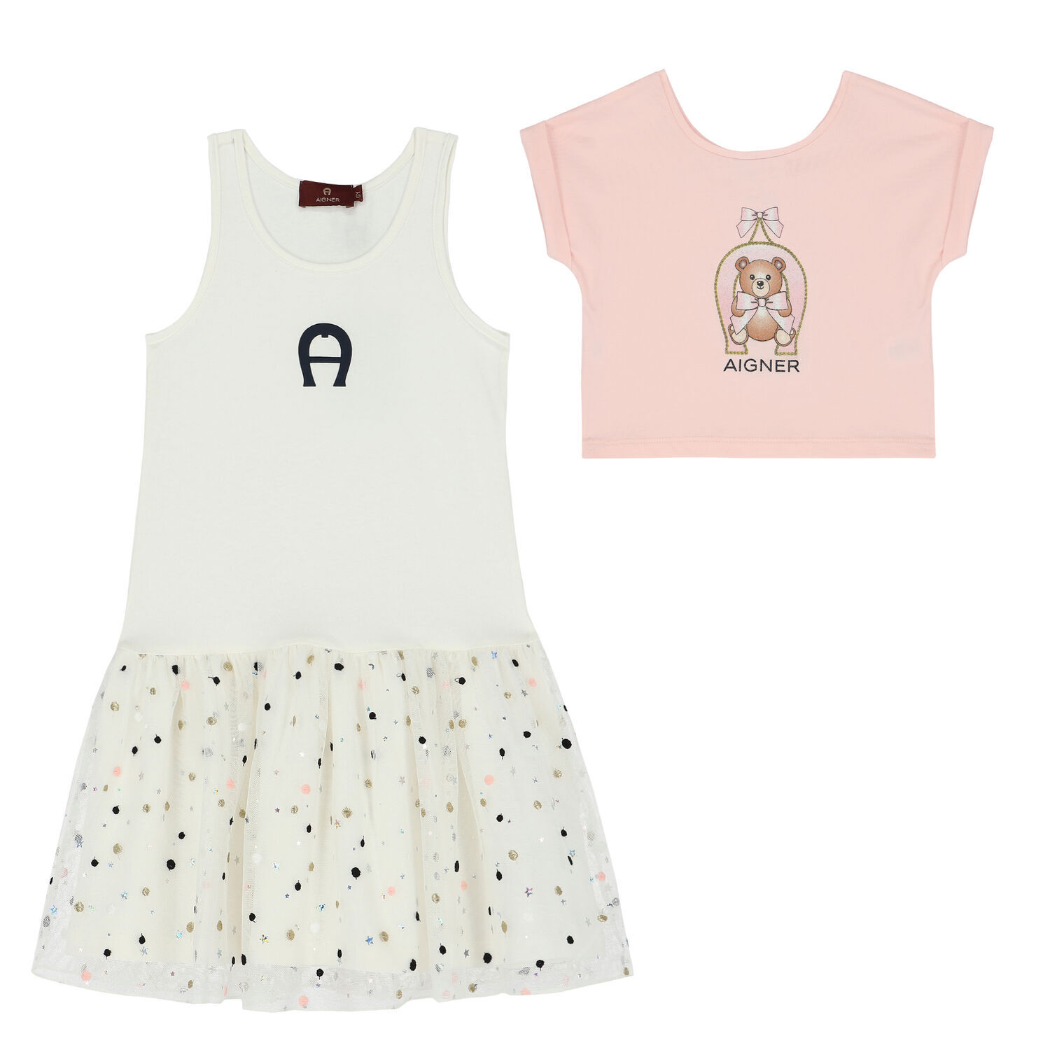 Girls Pink & White Logo Tulle Dress Set, 2, hi-res image number null