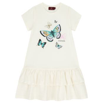 Girls Ivory Butterflies Logo Dress