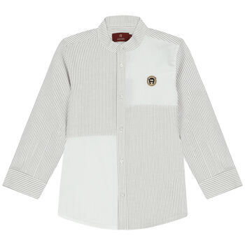 Boys White & Grey Striped Logo Shirt