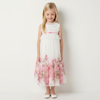 Girls White & Pink Floral Tulle Dress