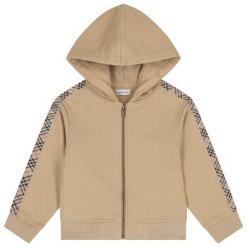 Beige Check Logo Hooded Zip Up Top