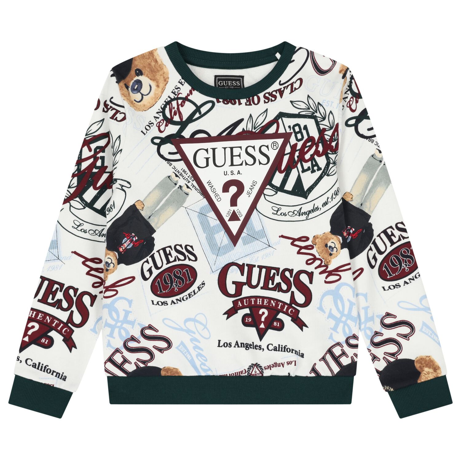 Boys White & Green Teddy Bear Logo Sweatshirt, 1, hi-res