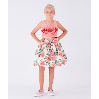 Girls Coral & White Rose Satin Skirt Set