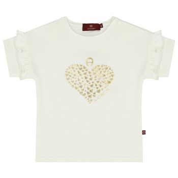 Younger Girls Ivory & Gold Logo Heart T-Shirt
