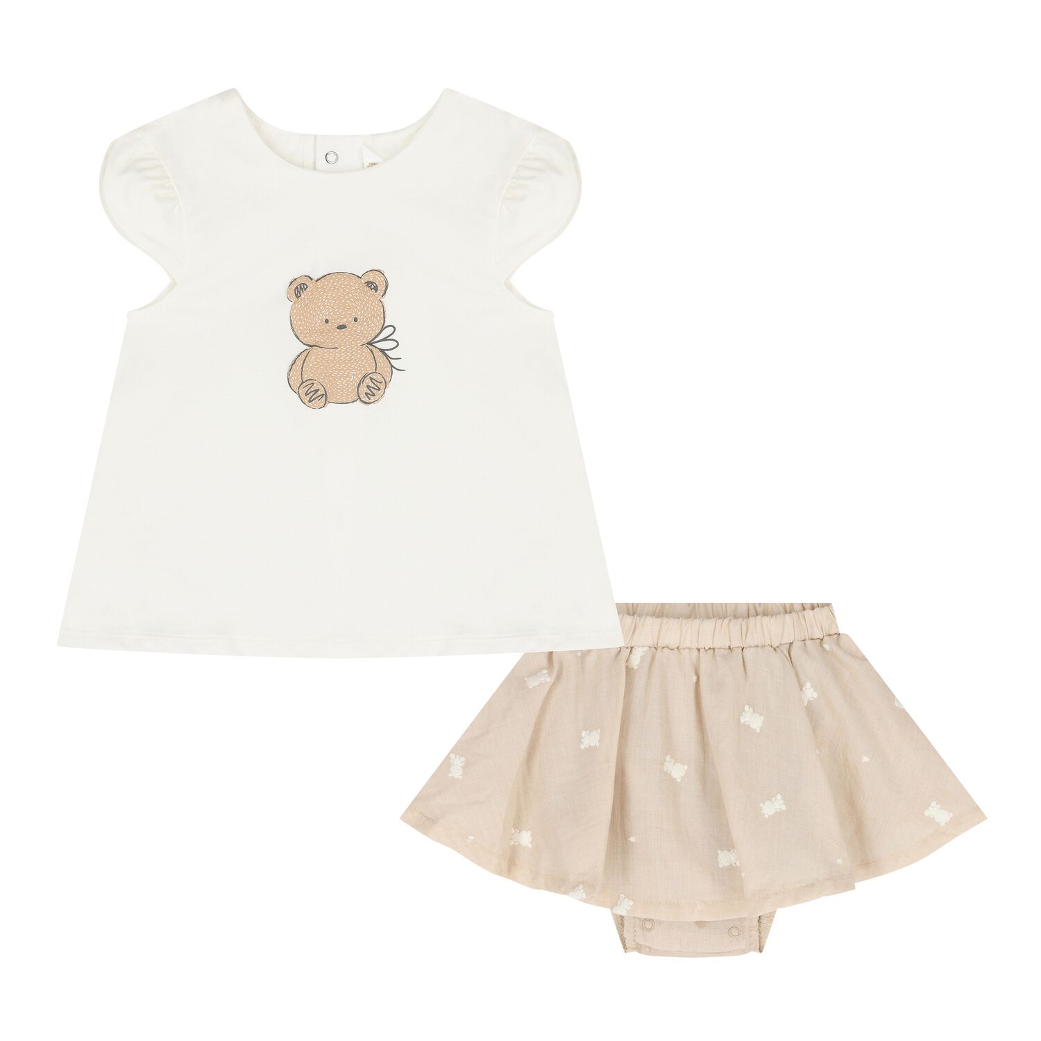 Baby Girls White & Beige Teddy Bear Skirt Set, 2, hi-res