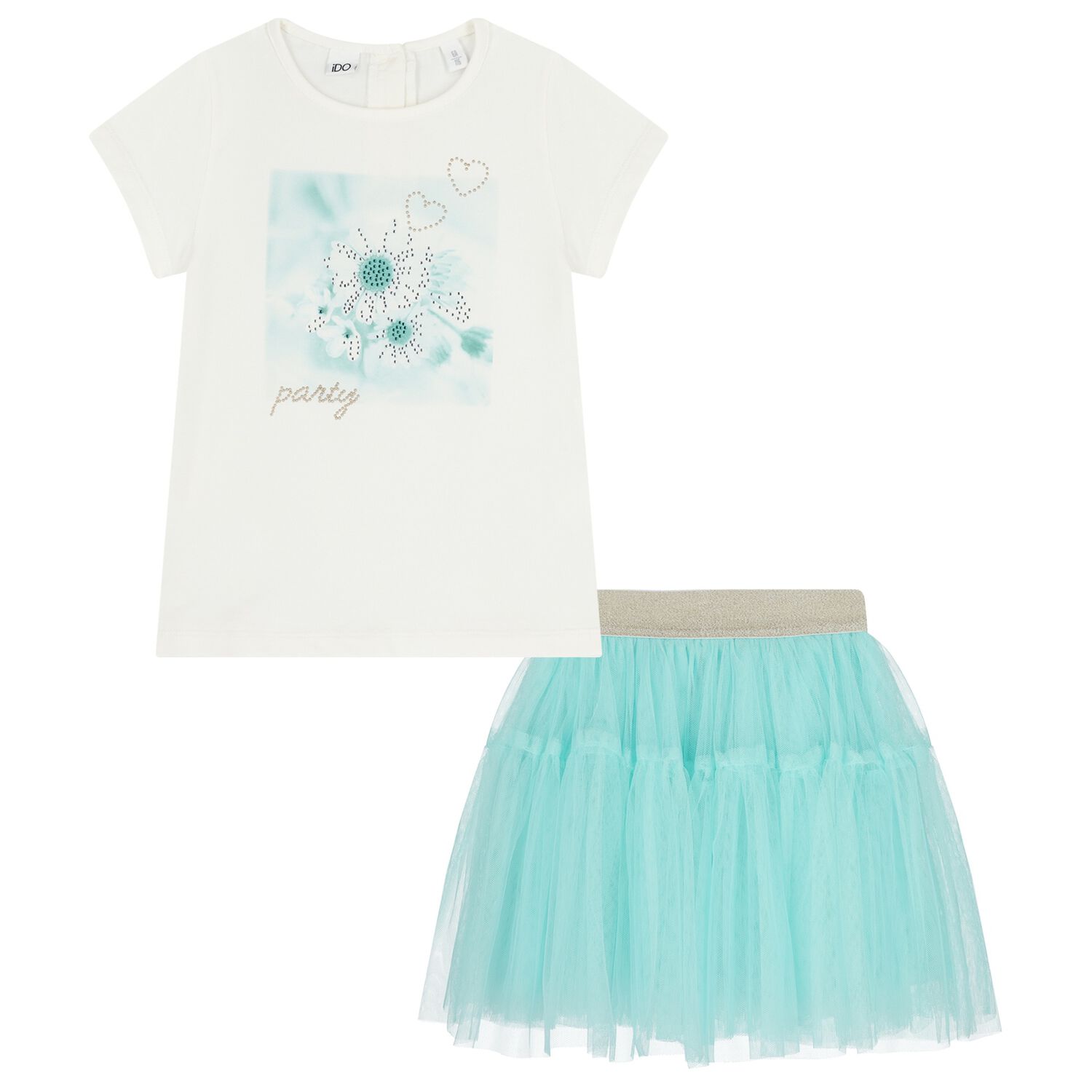 Girls Ivory & Turquoise Blue Tulle Skirt Set, 1, hi-res