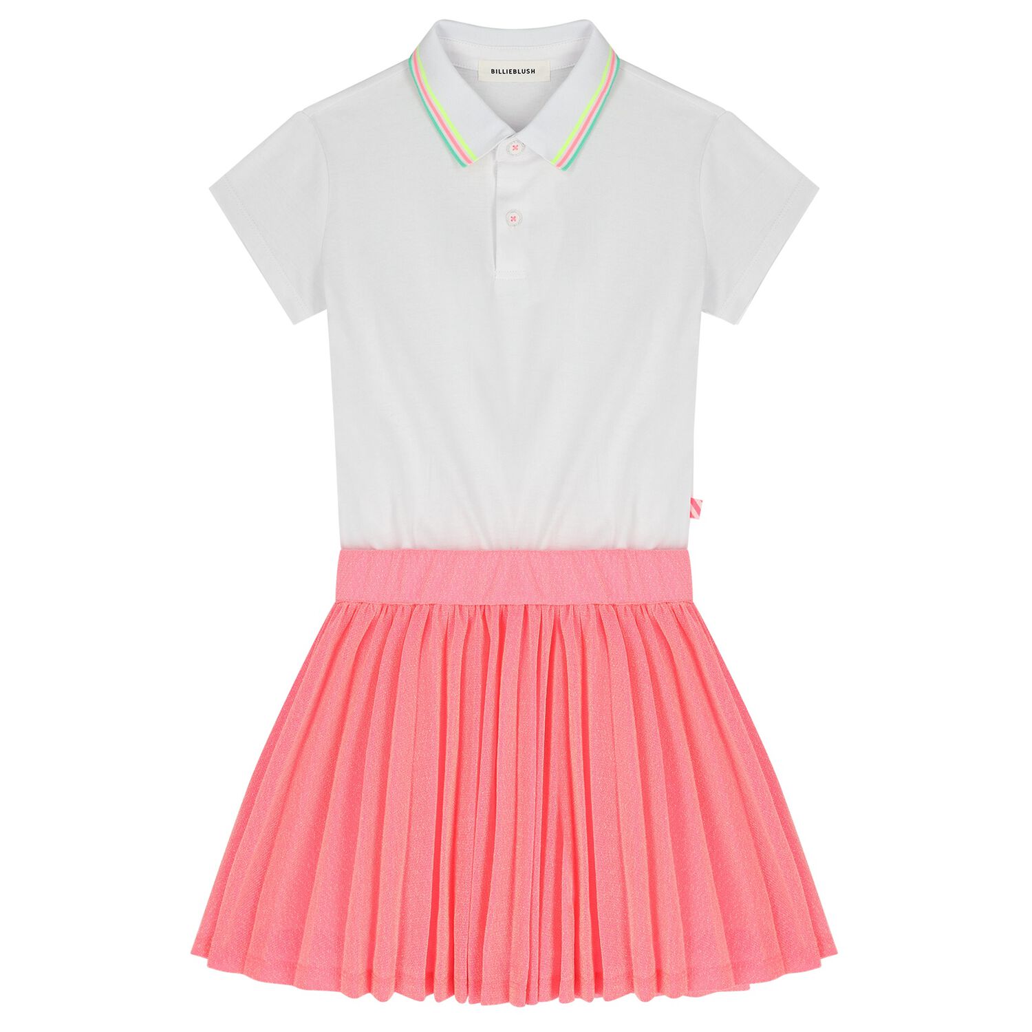 Girls White & Neon Pink Pleated Dress, 1, hi-res