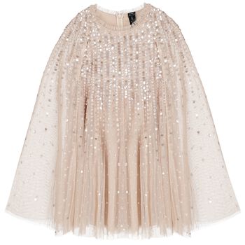 Girls Beige Sequinned Tulle Cape Dress