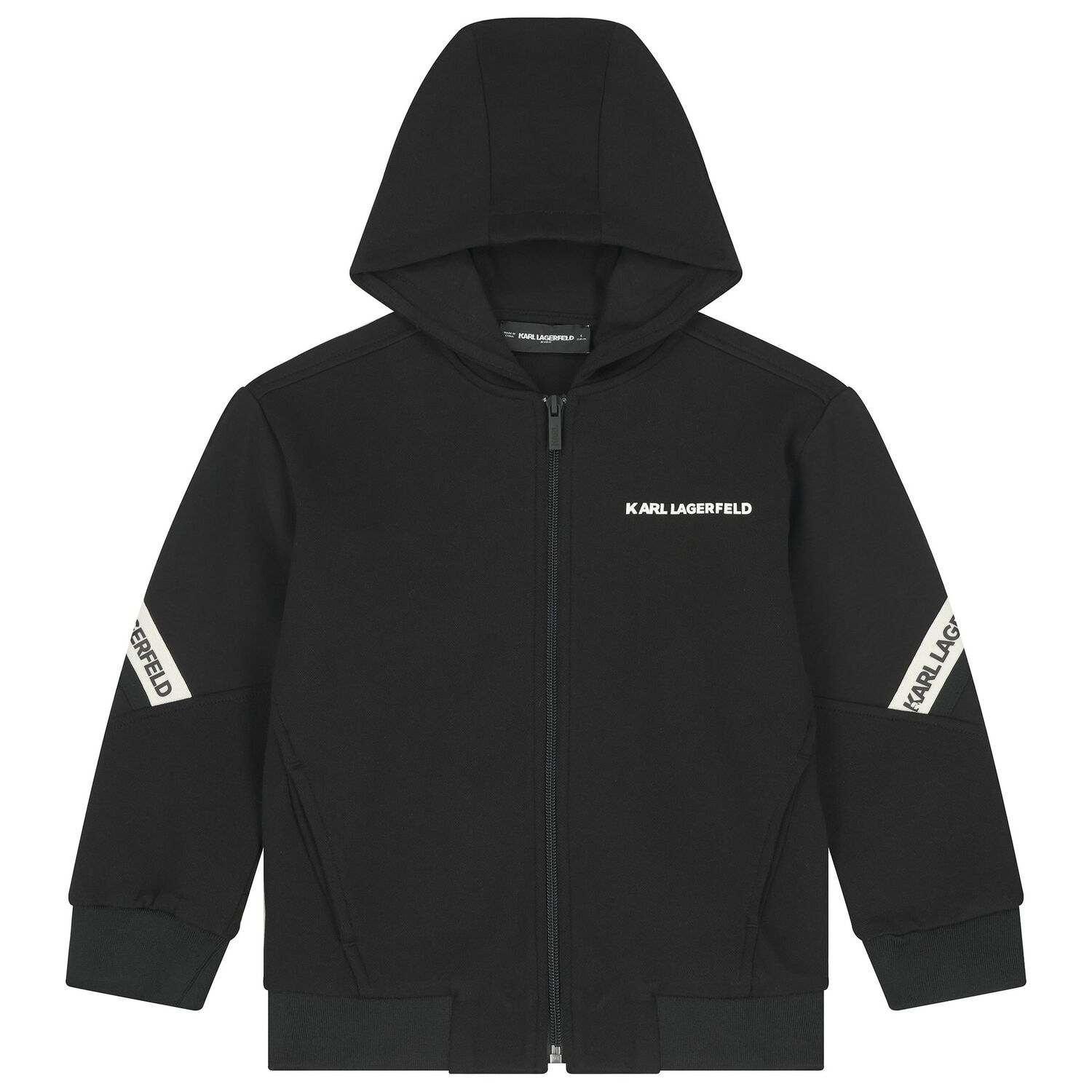 Boys Black Logo Hooded Zip Up Top, 1, hi-res