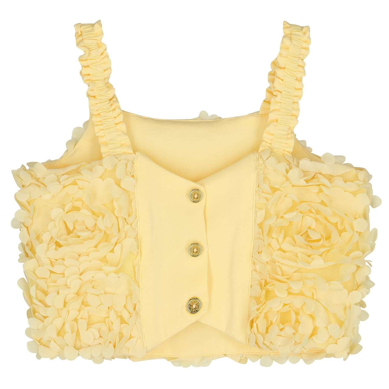 Girls Yellow Flower Tulle Sleeveless Top, 1, hi-res