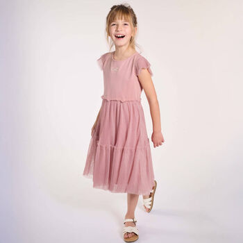 Girls Pink Bow Pleated Tulle Dress