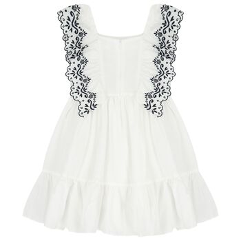 Girls White & Navy Blue Embroidered Ruffles Dress
