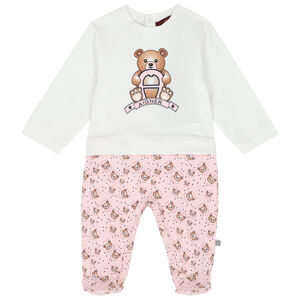 Baby Girls White & Pink Logo Babygrow