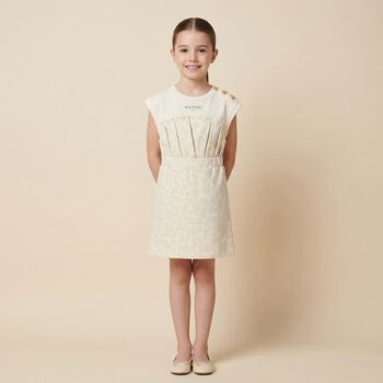 Girls Ivory & Beige Logo Dress