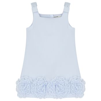 Girls Blue Crepe Floral Lace Dress