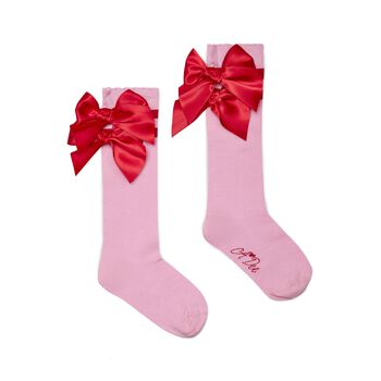 Girls Pink Satin Bow Knee High Socks