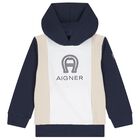 Boys Navy Blue & White Logo Hooded Top, 1, hi-res