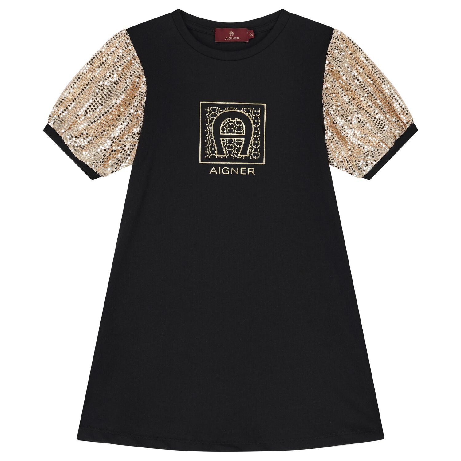 Girls Black & Gold Logo Dress, 1, hi-res